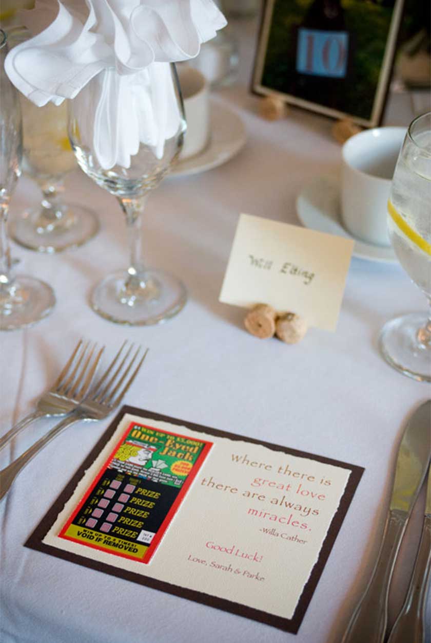 The card with a lottery ticket and quote that we put under each salad plate